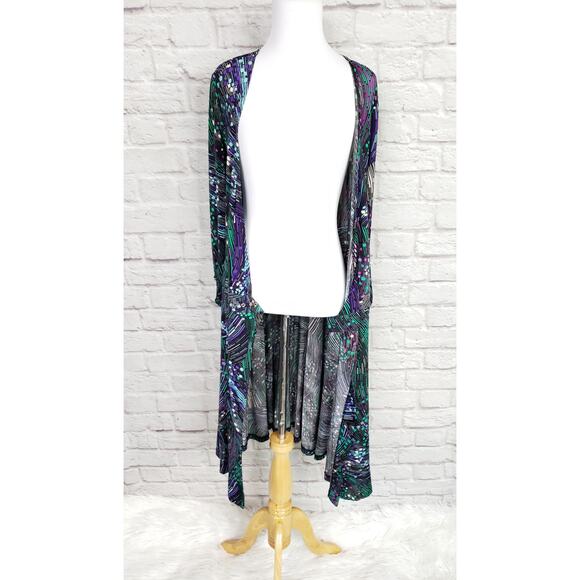 Cache Purple Green Print Long Sleeve Faux Wrap Dress Cocktail Party Sz S - Picture 15 of 15